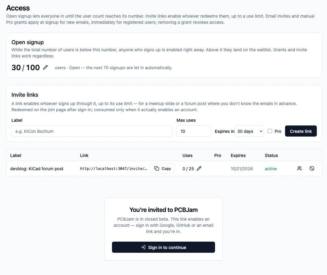 the admin access page with the open-signup cap and an invite link, and the join page the link leads to (local dev data, not our real numbers)