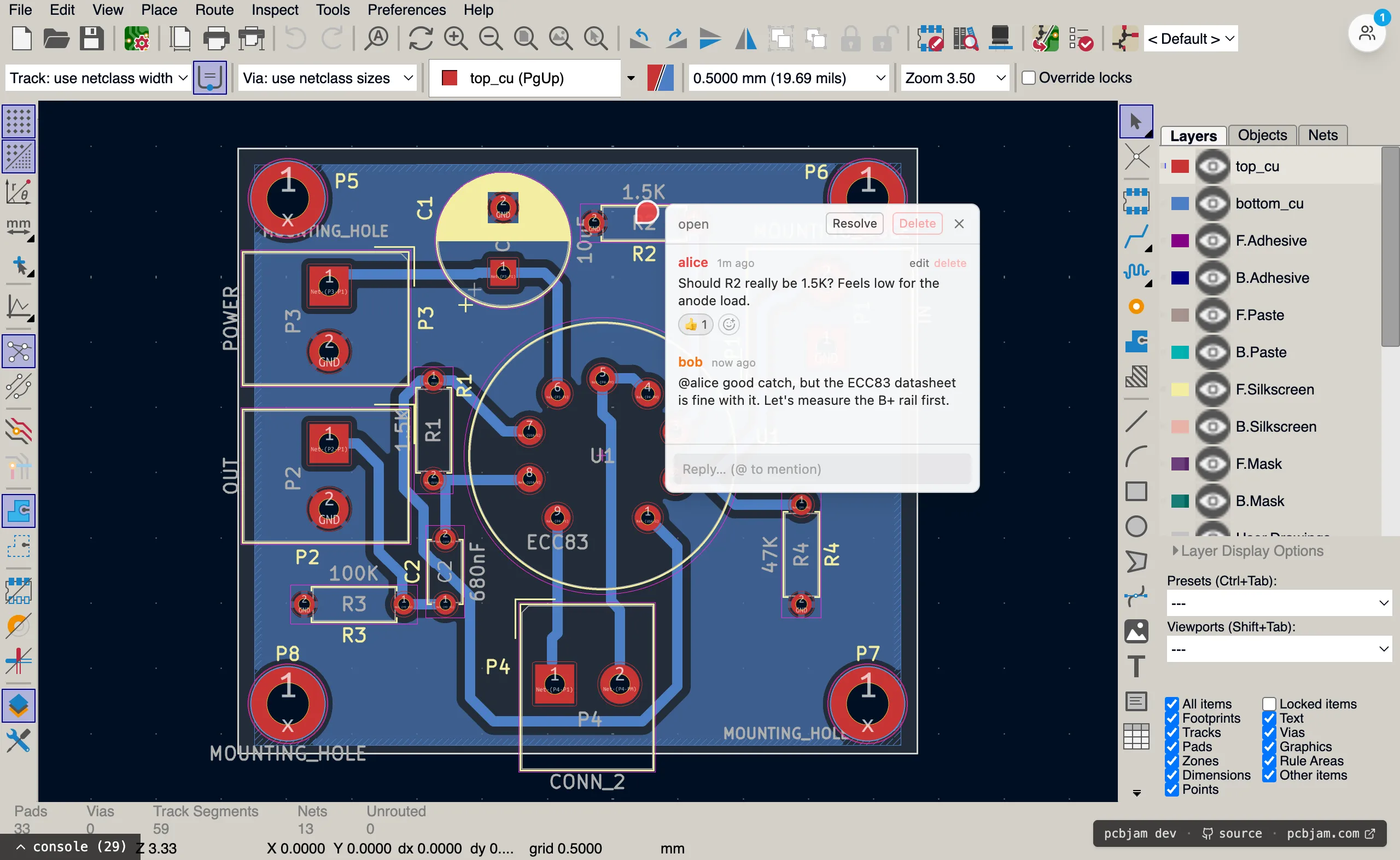 a comment thread on the demo board — reply, reaction and an @mention