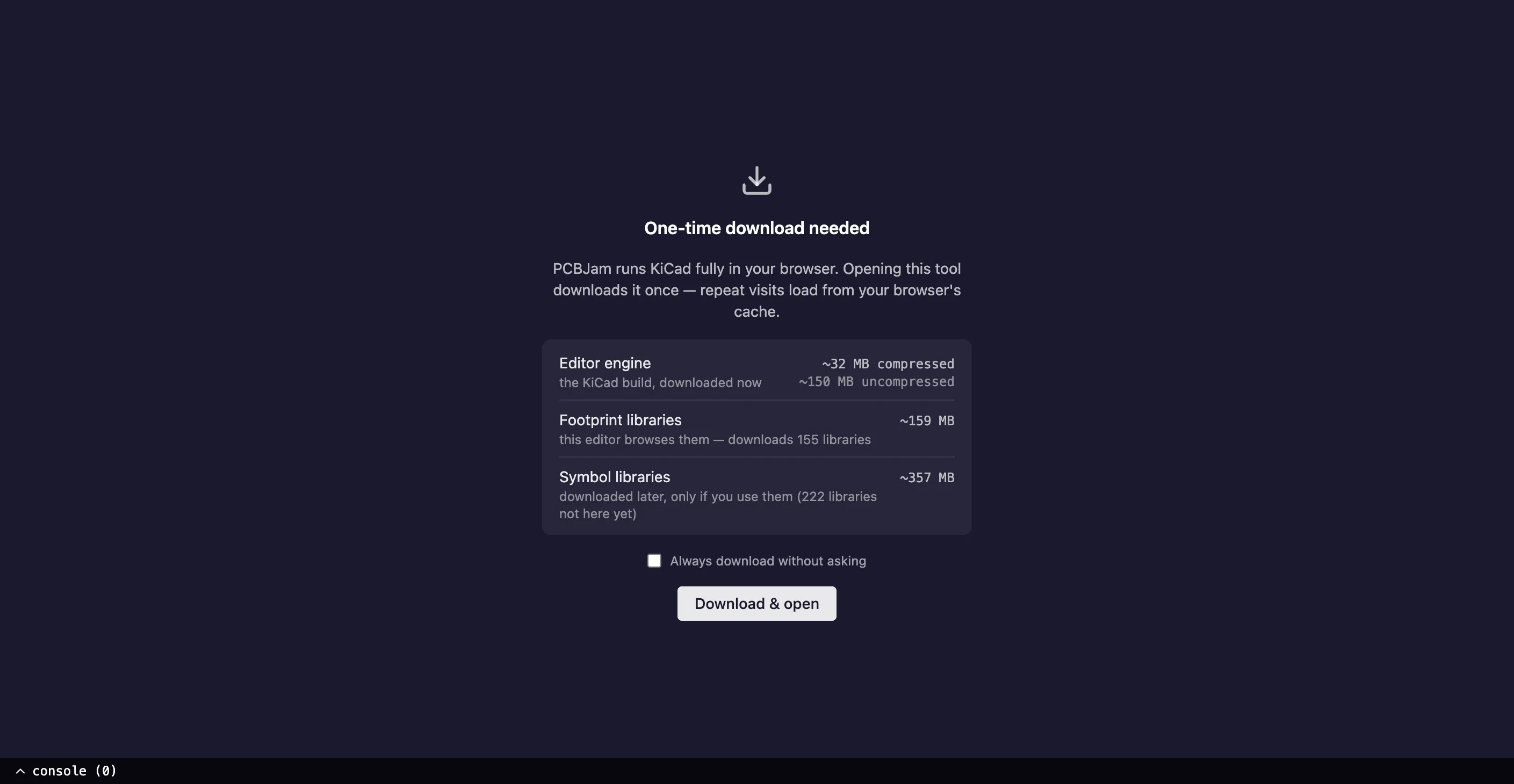 the download consent dialog, with the real sizes of the editor and the libraries