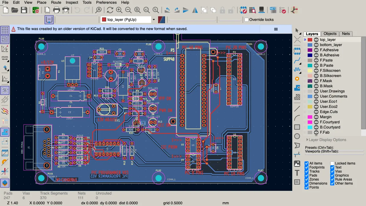 KiCad PCB editor running in a browser tab, routing a board