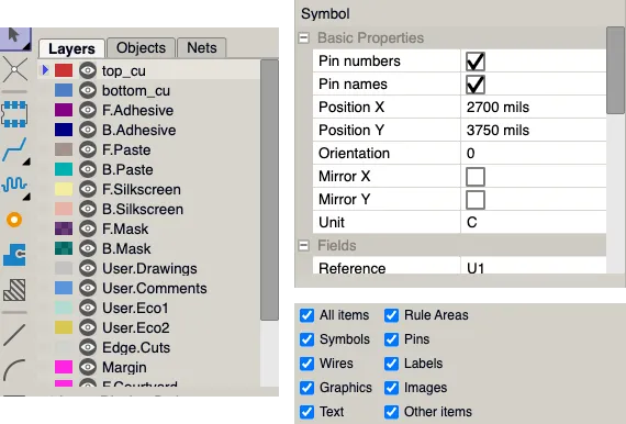 the pcbnew layer panel, and the eeschema symbol properties + item checkboxes