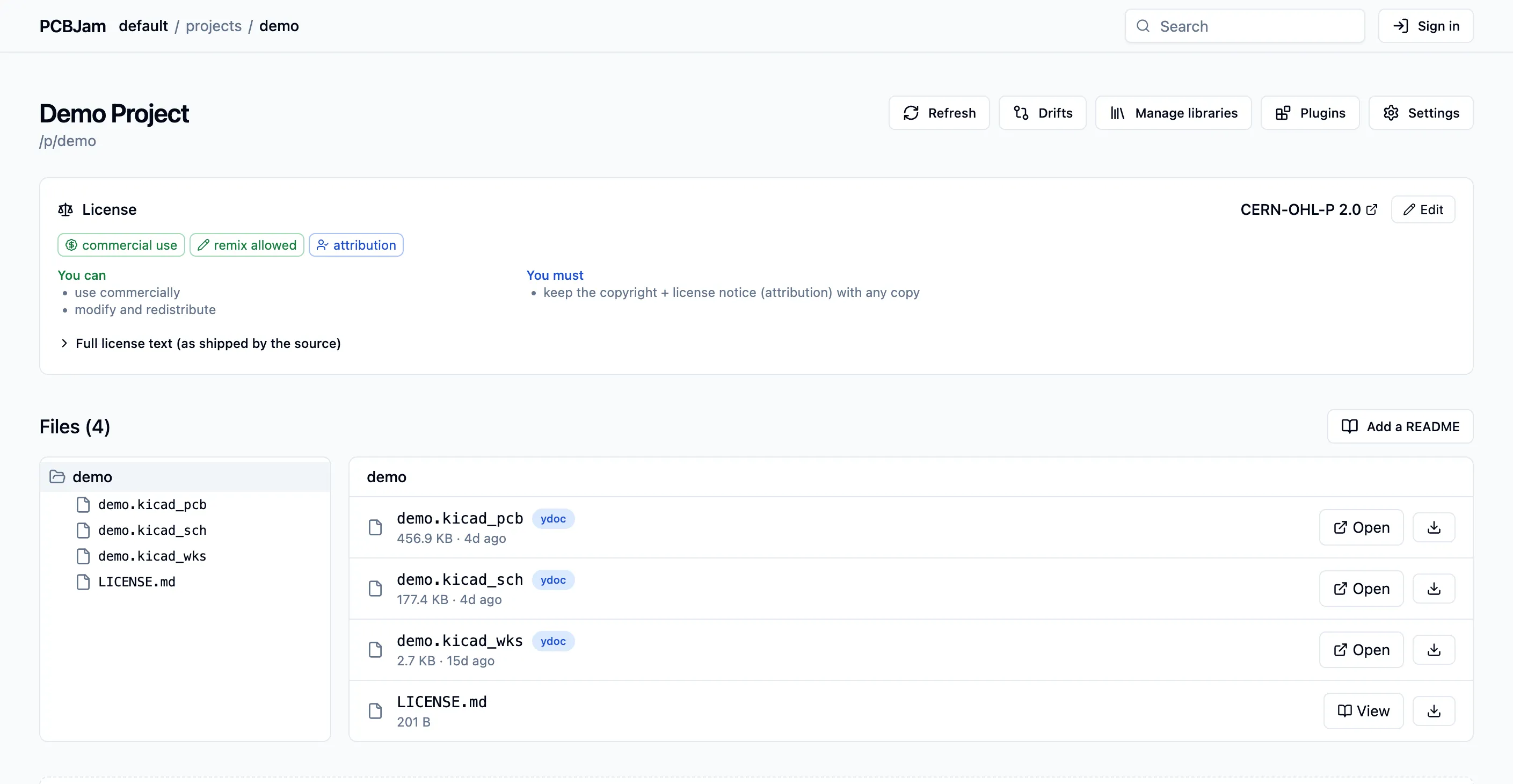the project page with the license panel and the file browser