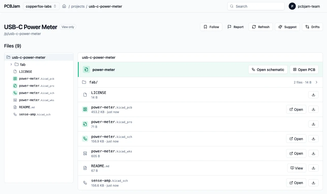 the project page: the highlighted project row with the open buttons, and kind icons in the file list