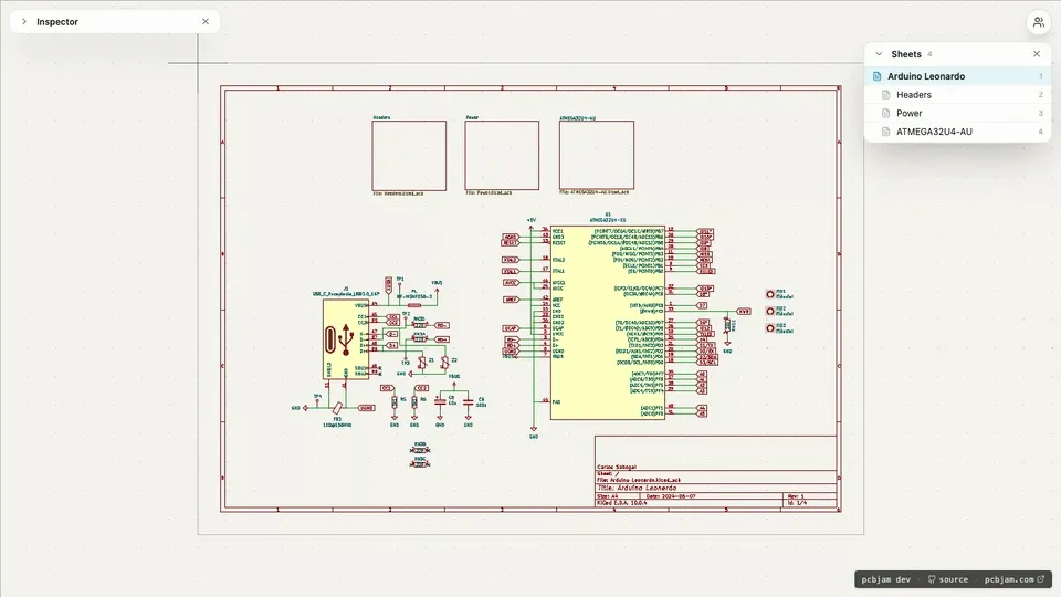 clicking through the Arduino Leonardo schematic with the sheet navigator