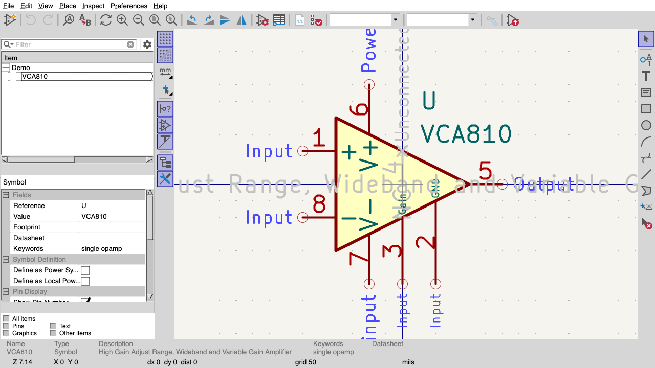 KiCad symbol editor showing the VCA810 op-amp symbol in a browser tab